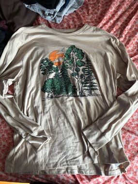 Cream Graphic Nature Long Sleeve Tee with Orange Sun